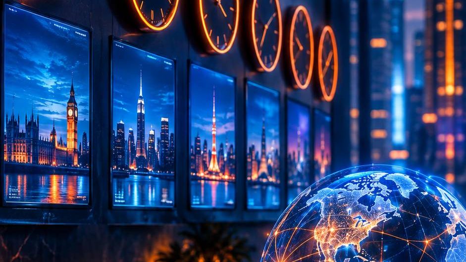 World clocks on an office wall showing global time zones, futuristic digital art