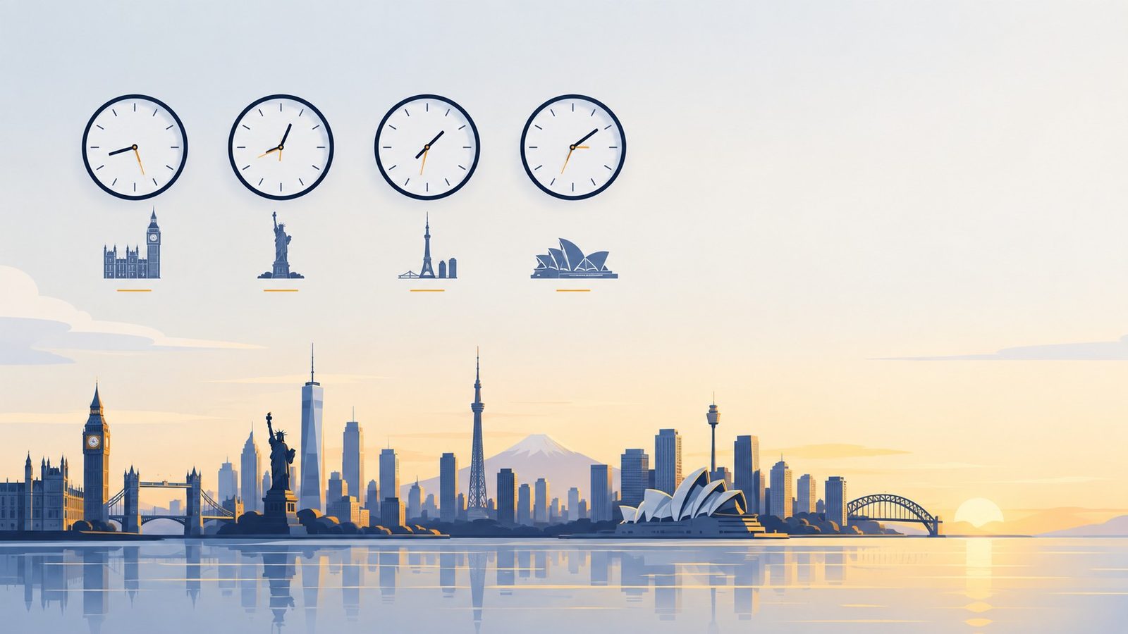 Sesi trading forex: empat jam waktu London, New York, Tokyo, dan Sydney di atas kota