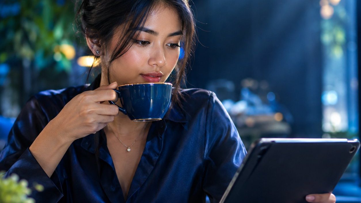 Seorang perempuan muda minum kopi sambil meninjau portofolio di tablet, foto candid