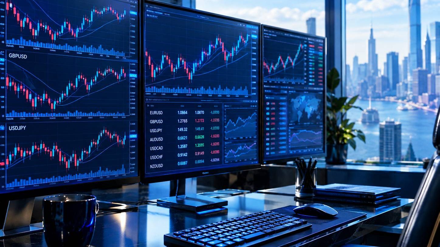 ما هو الفوركس: مكتب تداول بشاشات متعددة تعرض رسوم أزواج العملات، لوحة رقمية