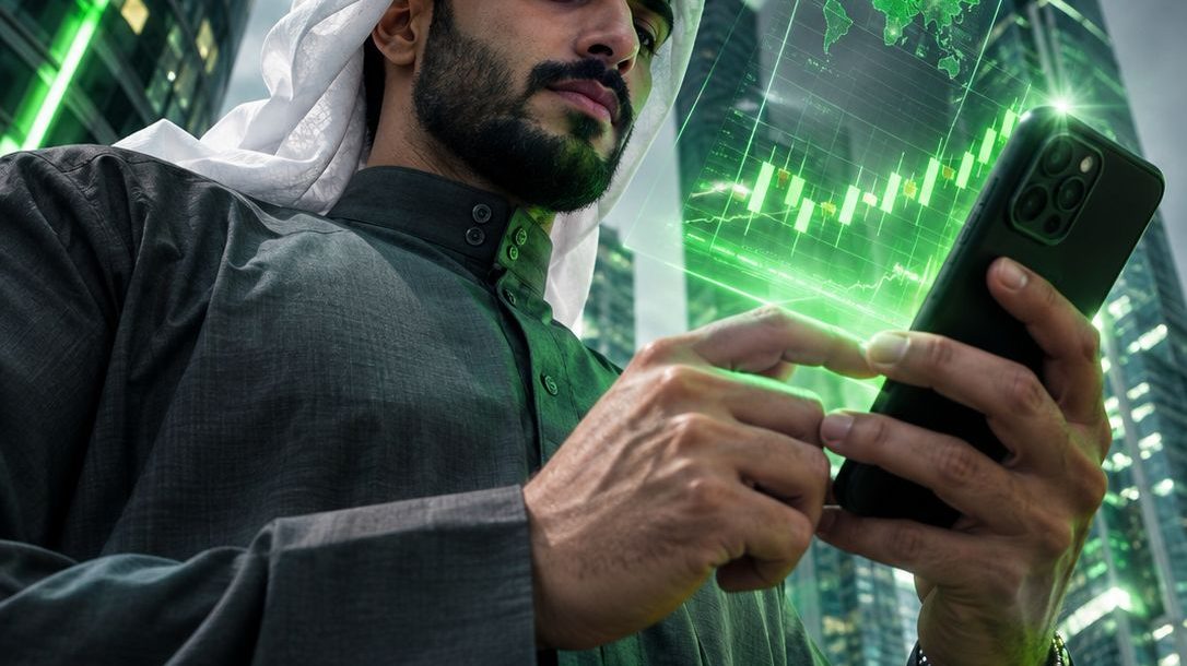رائد أعمال يتابع تطبيق تداول على هاتفه الذكي في شارع بالمدينة، صورة تحريرية