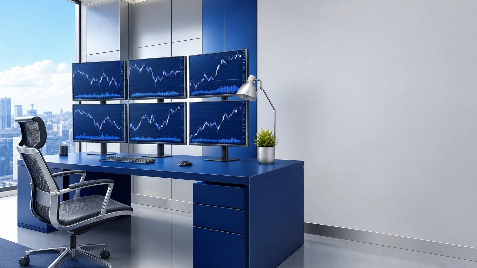 Forex trading for beginners: a trading desk with monitors showing currency pair charts
