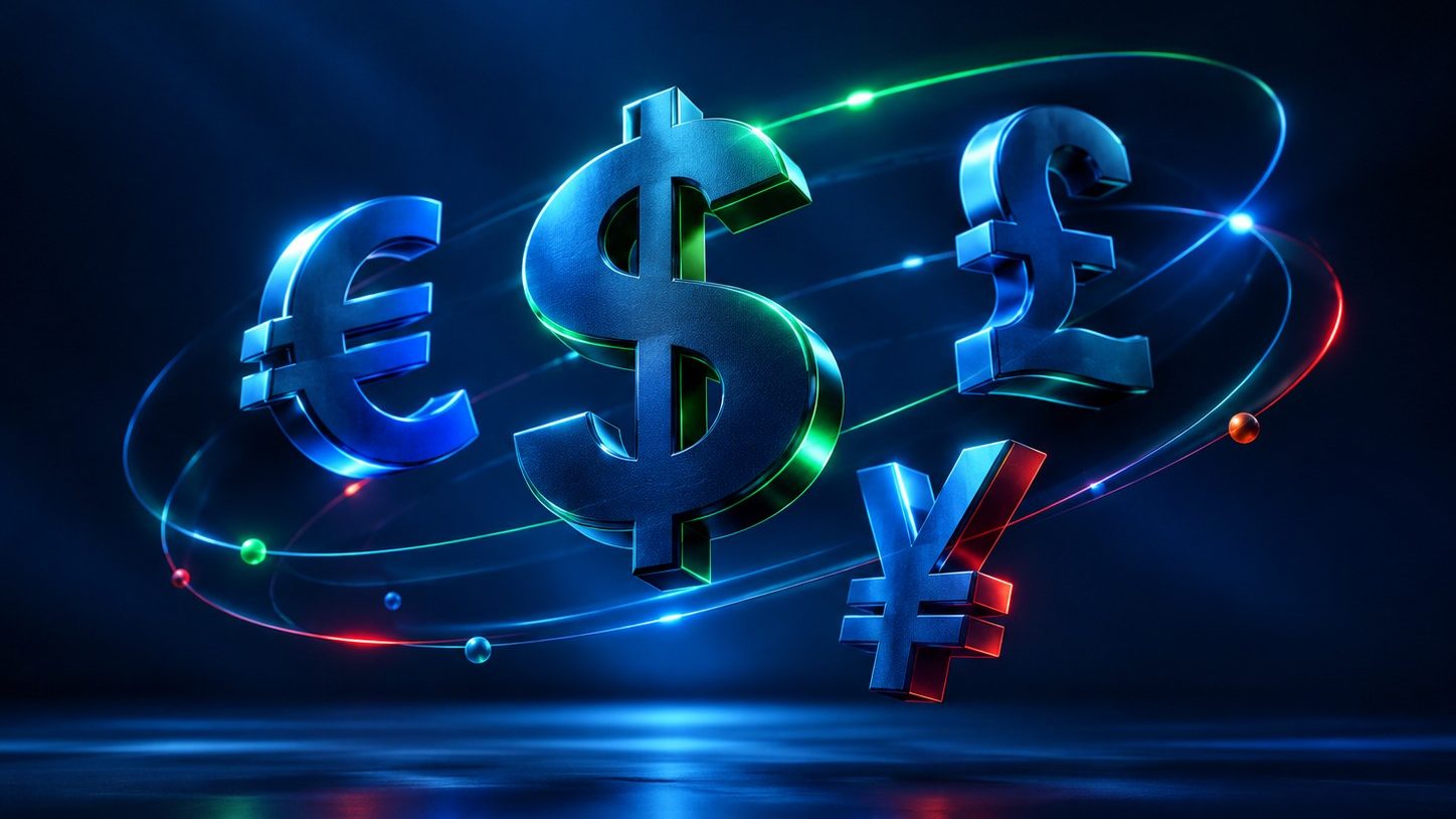 Floating 3D dollar, euro, pound and yen symbols orbiting each other