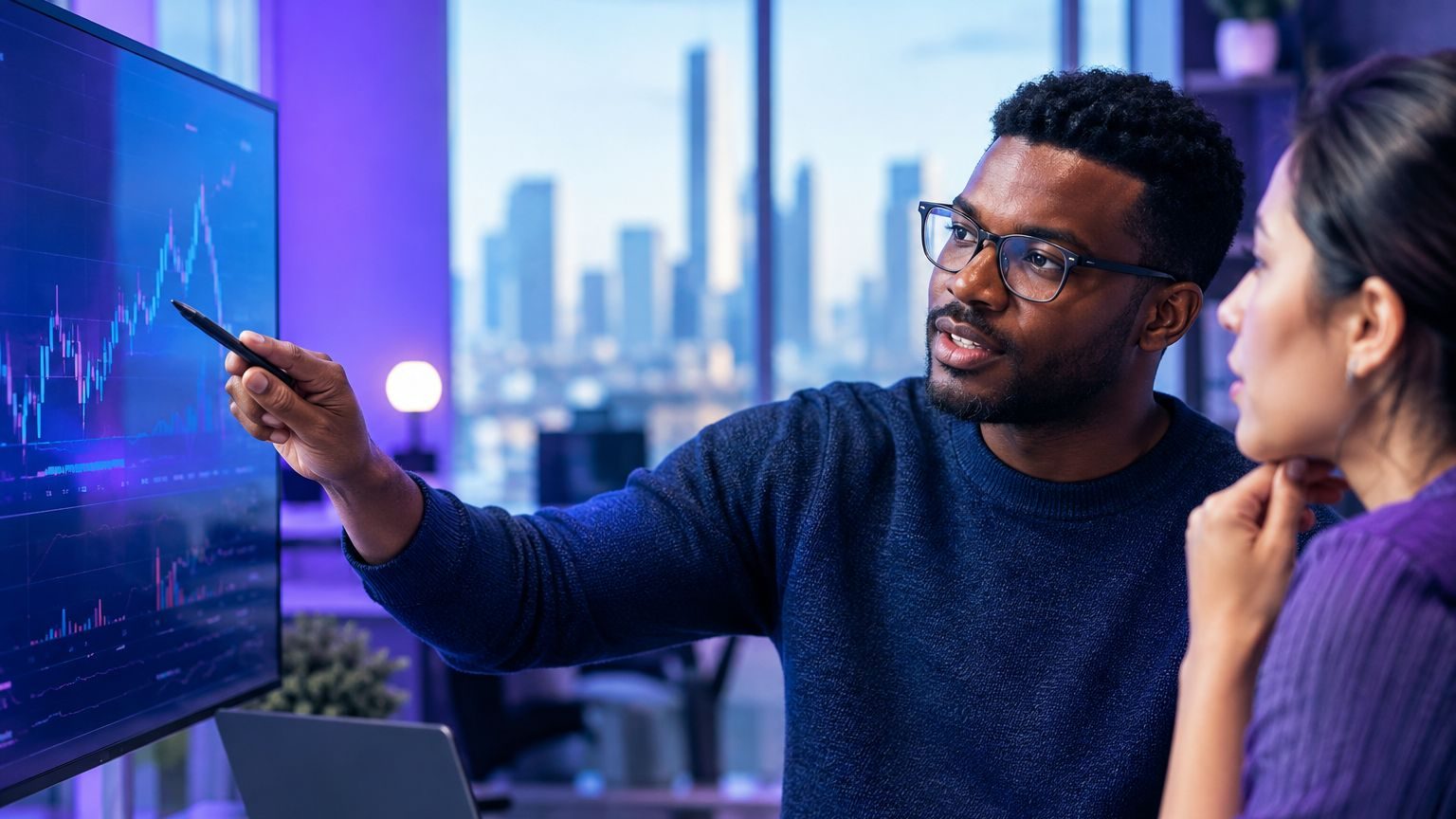 Fintech engineer explaining a currency chart to a colleague, photorealistic image