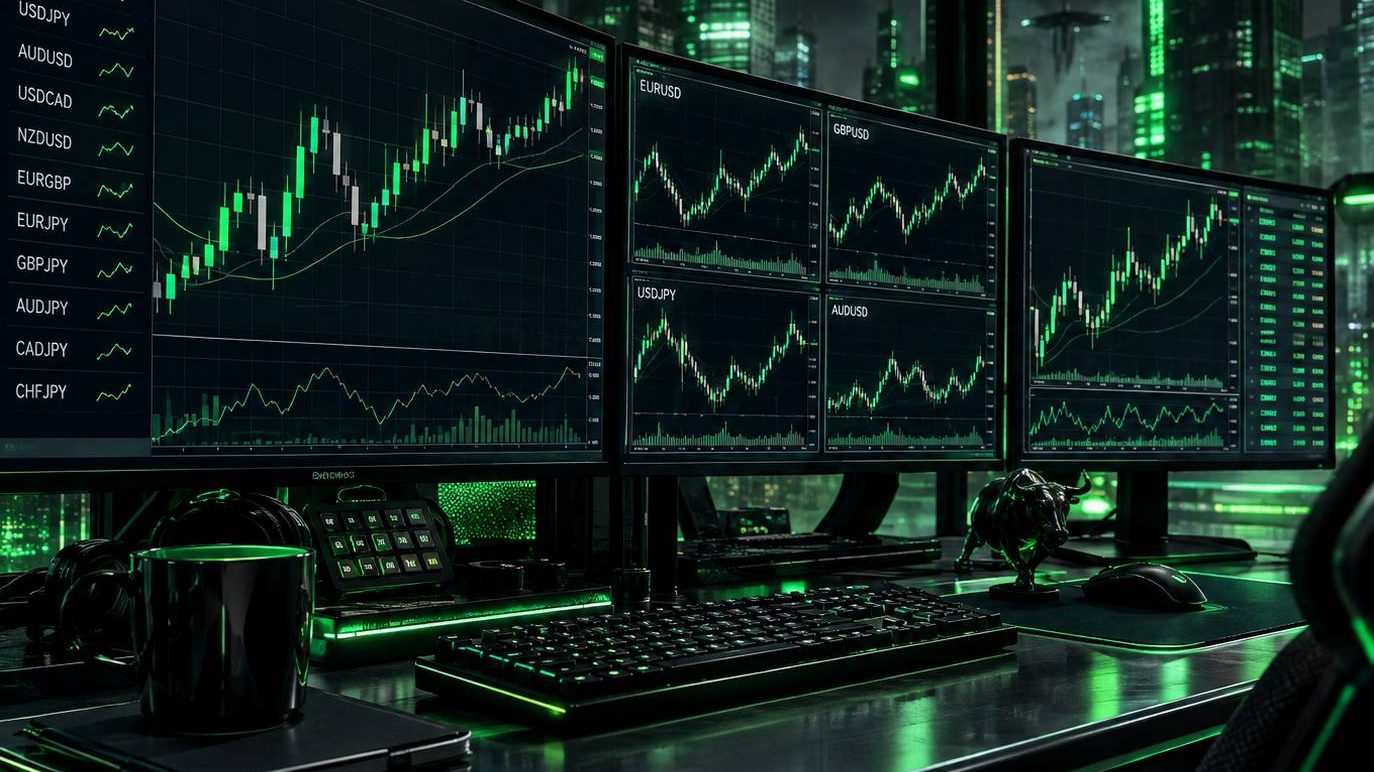 Forex adalah pasar pertukaran mata uang: meja trading dengan beberapa monitor berisi grafik pair