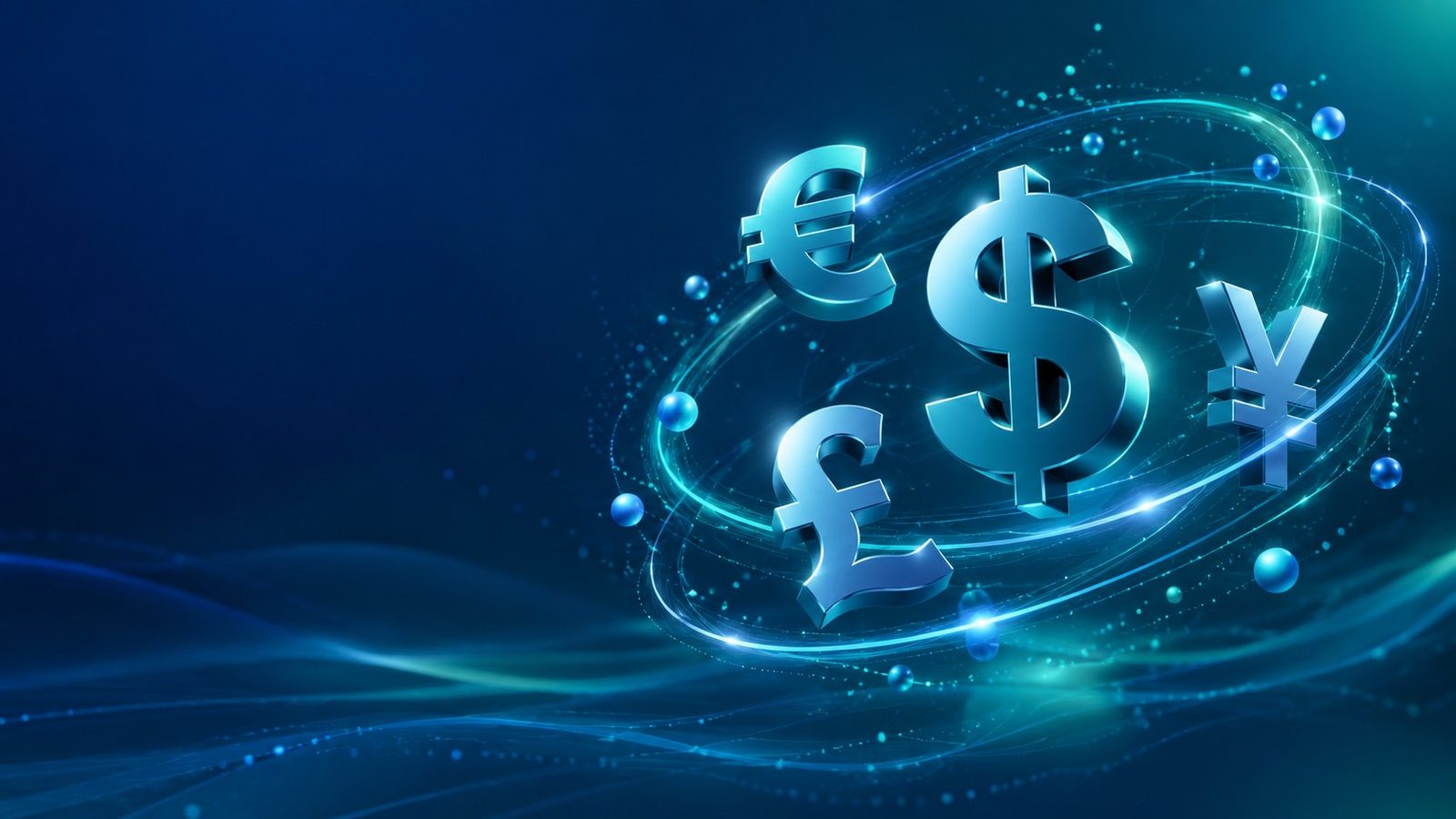 Simbol 3D dolar, euro, pound, dan yen melayang saling mengorbit, ilustrasi data-art mata uang utama