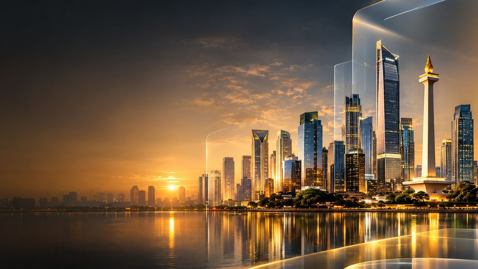 Render 3D kaca cakrawala kota Jakarta dengan deretan gedung tinggi