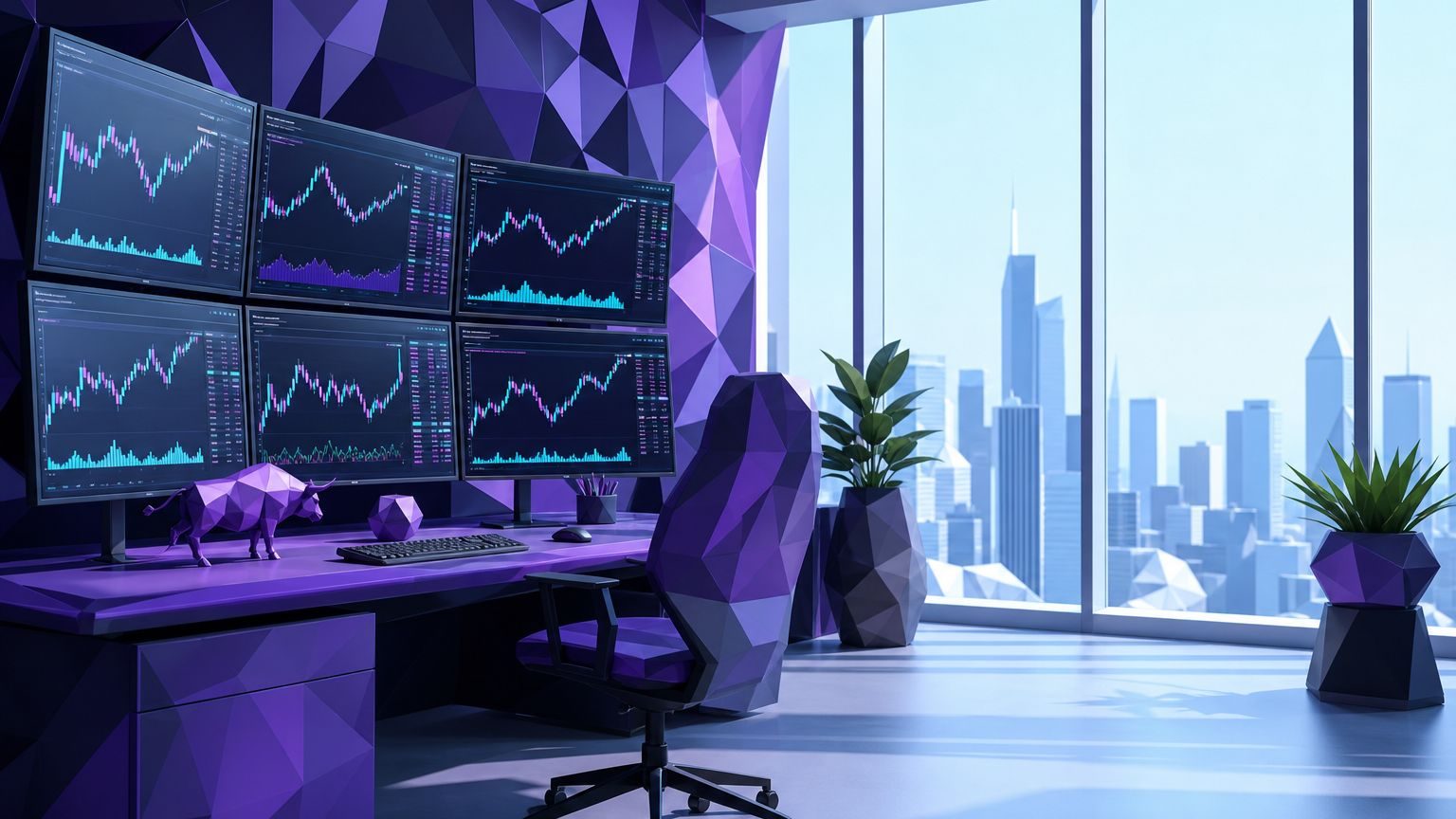 forex คือ อะไร: โต๊ะเทรดที่มีหลายจอแสดงกราฟคู่เงิน ภาพ 3D แบบโลว์โพลี