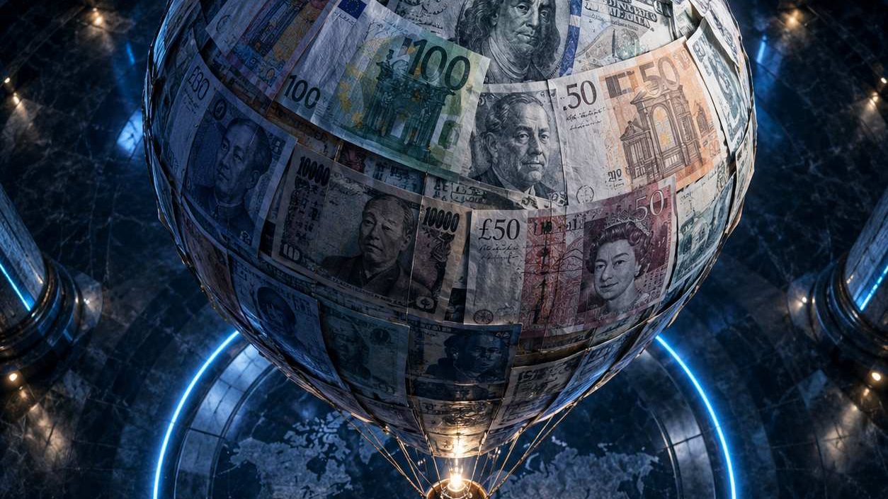 Gold price driver concept: an inflation balloon made of banknotes, cinematic 3D render