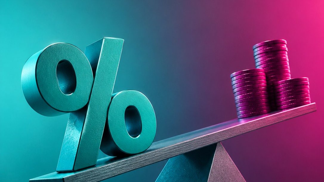 Percentage sign balanced on a seesaw, showing interest rate moves that affect gold