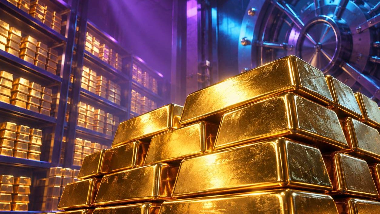 تداول الذهب: سبائك ذهبية لامعة مكدسة داخل خزنة، رسم توضيحي بسيط