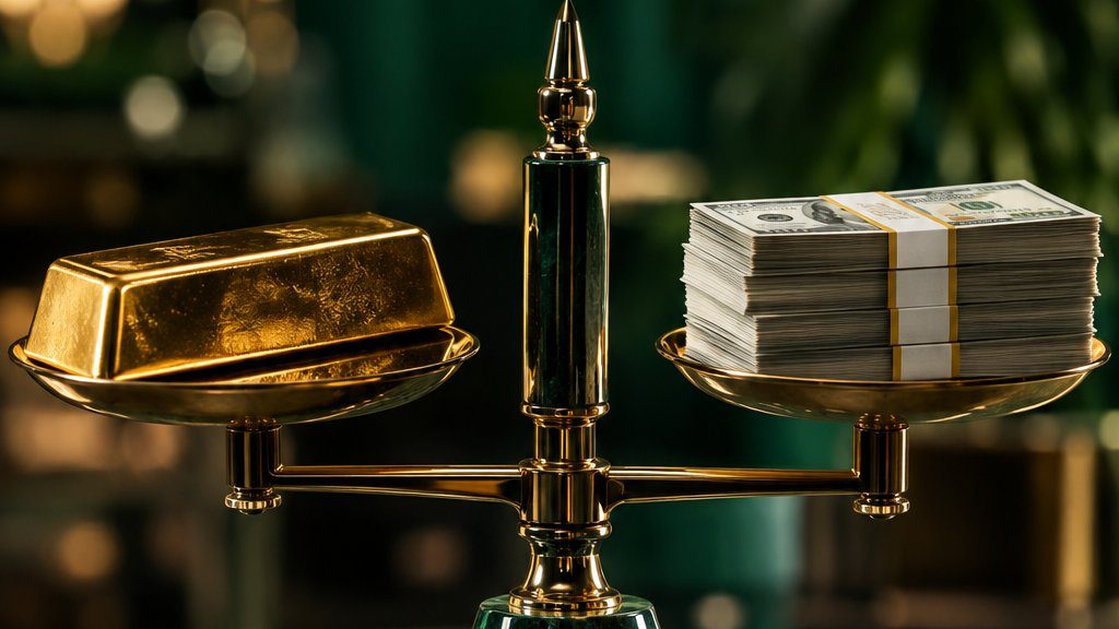 سبيكة ذهب على كفة ميزان مقابل رزمة من الأوراق النقدية، تصميم ثلاثي الأبعاد