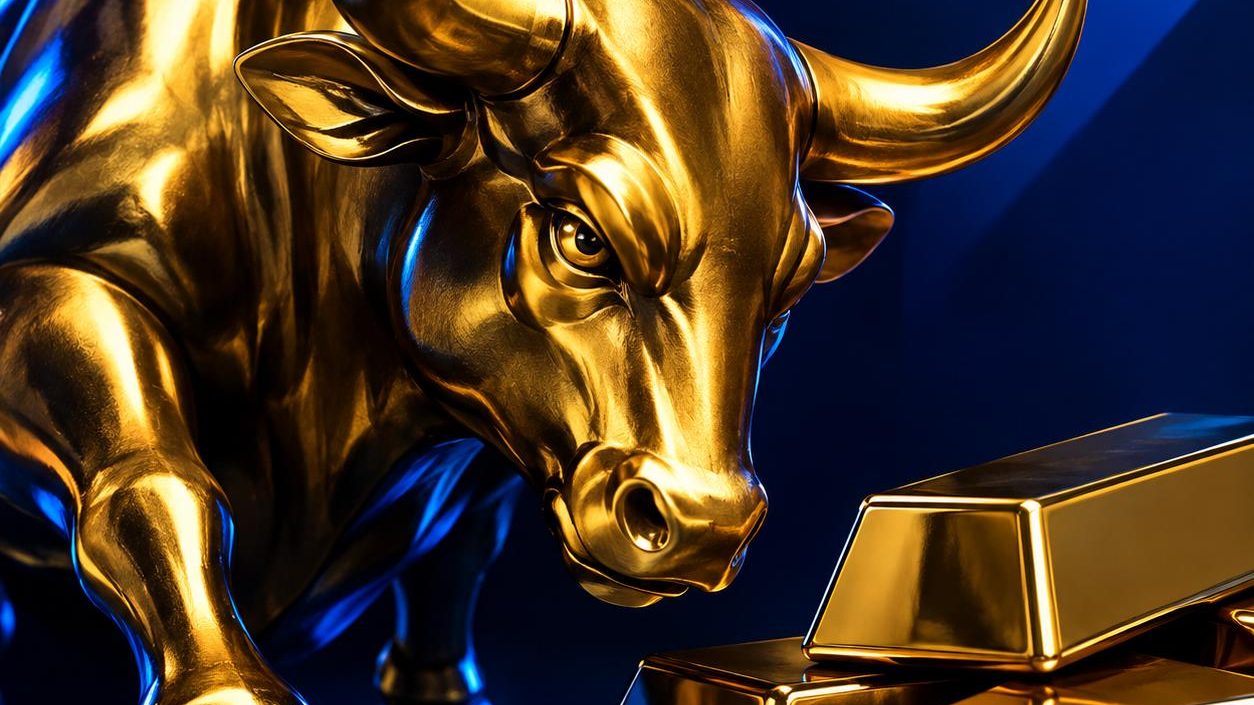 Golden bull statue beside gold bars, a flat vector symbol of rising markets