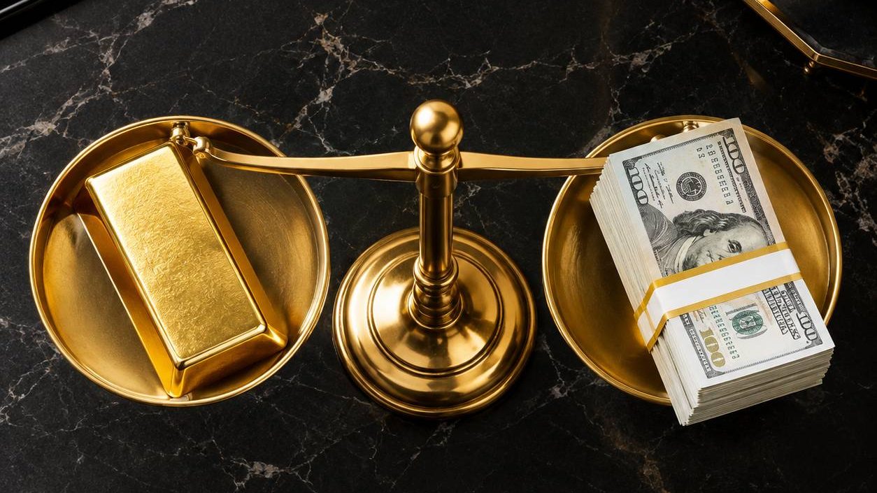 Gold bar balanced on a scale against a stack of banknotes, product-style render