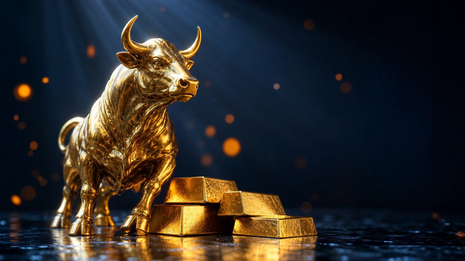 Trading emas: patung banteng emas di samping tumpukan emas batangan, render bergaya produk