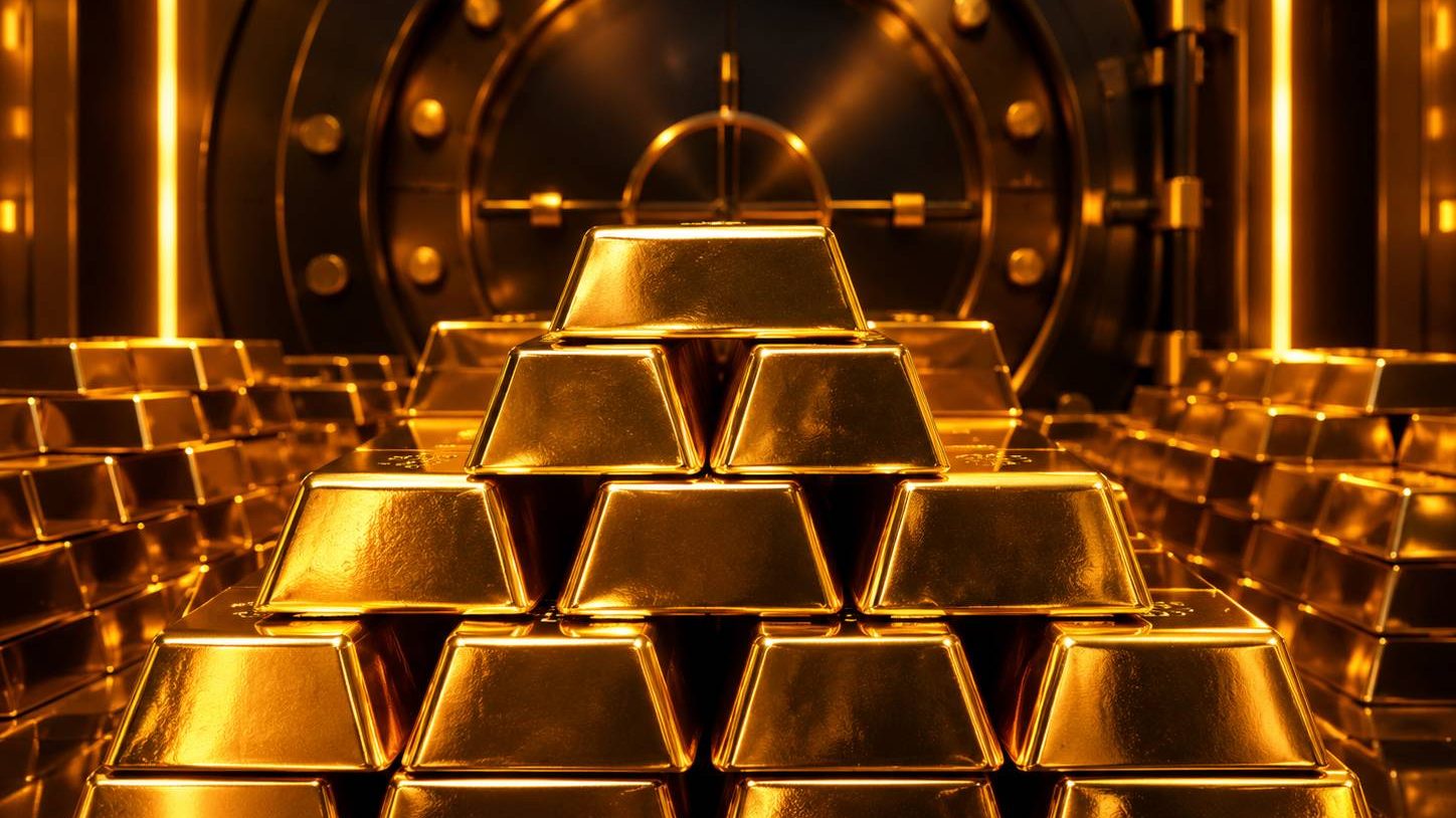 黃金交易概念：金庫中堆疊閃亮金條的產品風渲染