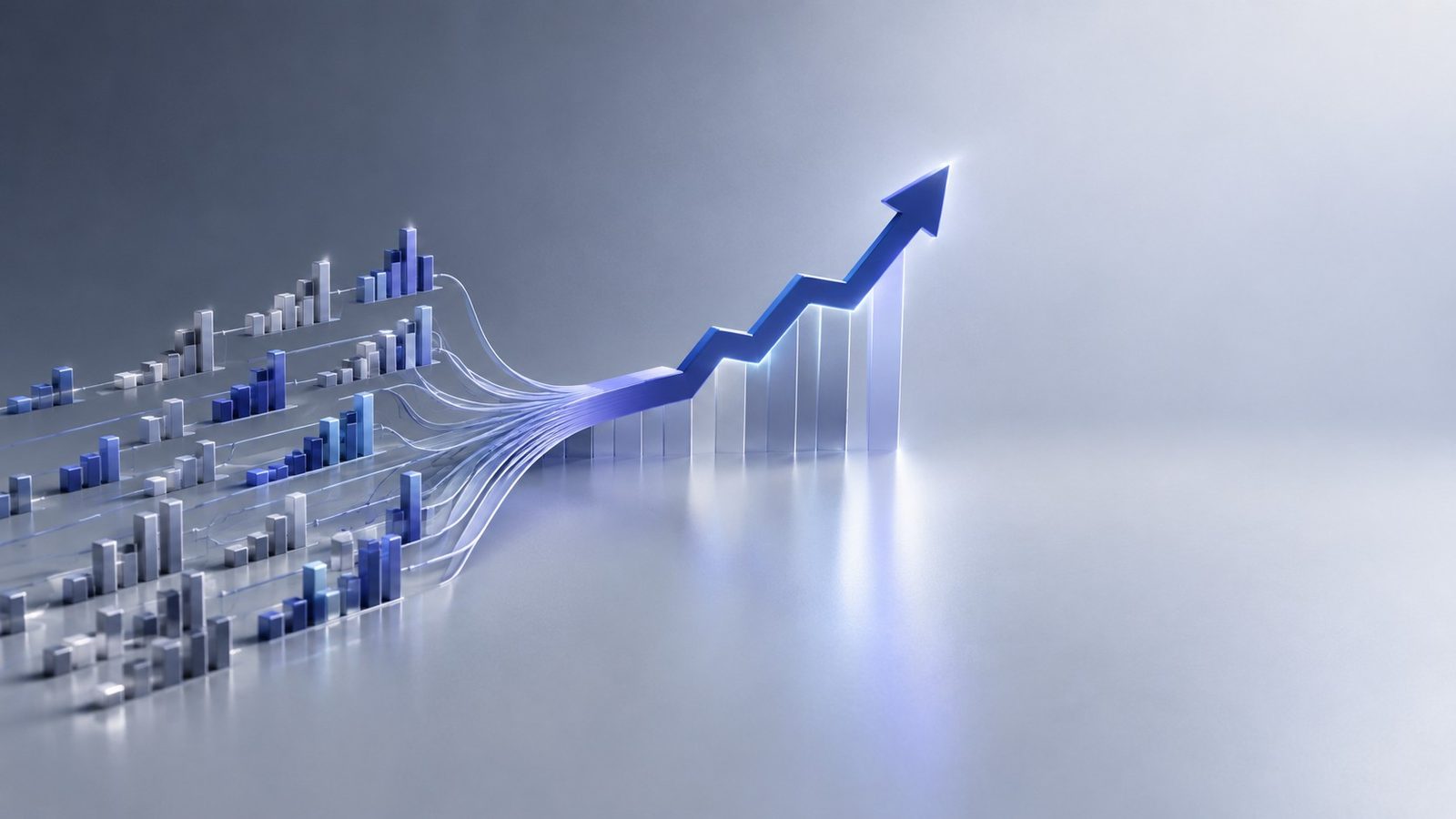 Index trading concept: many small bars merging into one large index line chart, 3D render
