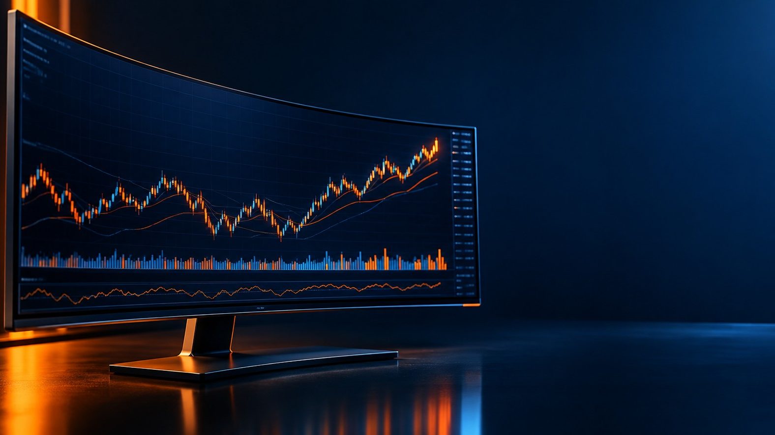 Stock market index chart displayed on a curved ultra-wide monitor, product-style render