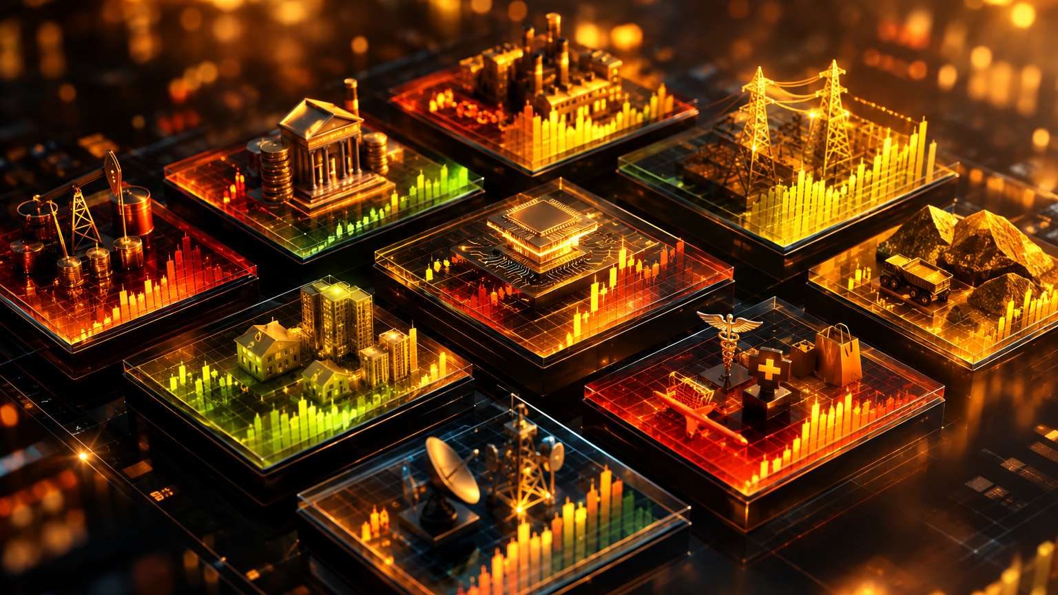 Digital heatmap of stock sectors showing how index components move, isometric 3D