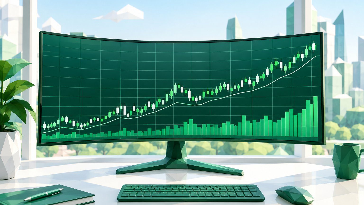 Grafik indeks pasar saham pada monitor ultra-lebar melengkung, seni 3D low-poly