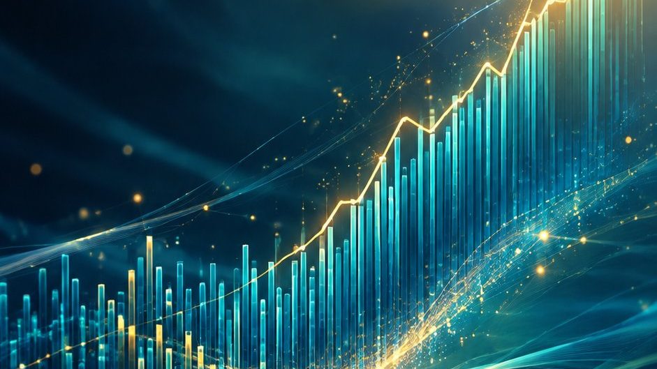 Banyak batang kecil menyatu menjadi satu grafik garis indeks besar, ilustrasi data-art