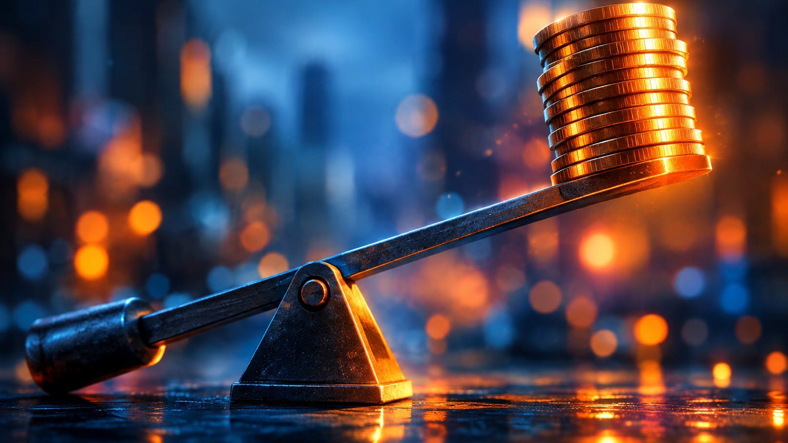 Leverage trading concept: a lever lifting a stack of coins in a digital painting