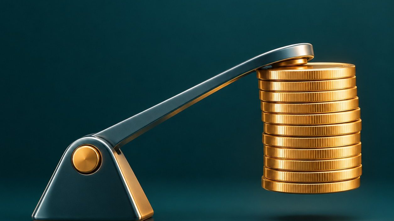 Precision lever lifting a stack of coins in a clean, minimal 3D render