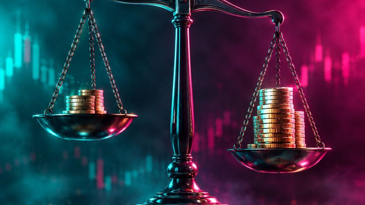 Margin trading concept: a scale with coins in a cinematic 3D render