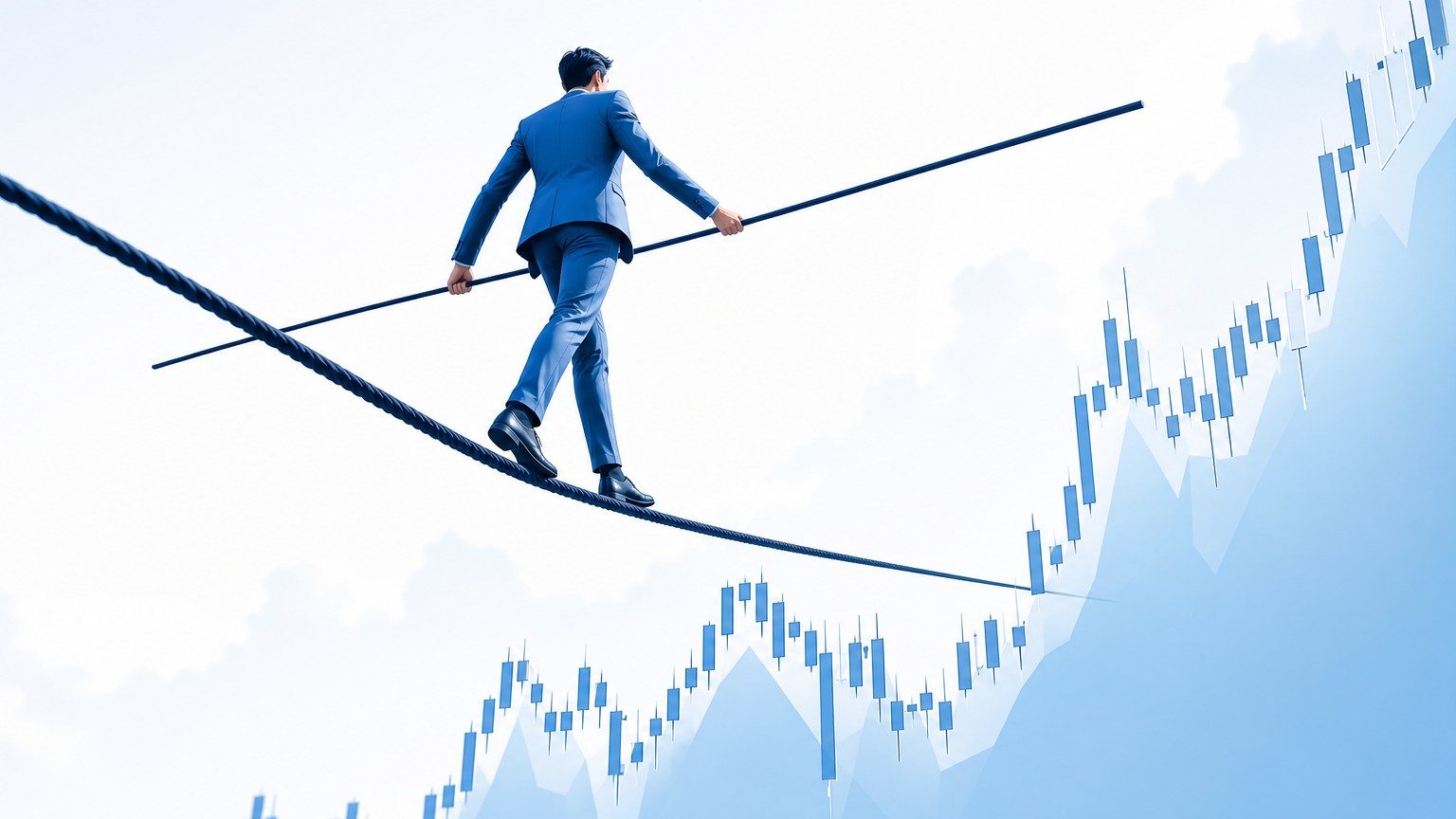 Tightrope walker crossing above a price chart, showing careful balance, flat vector