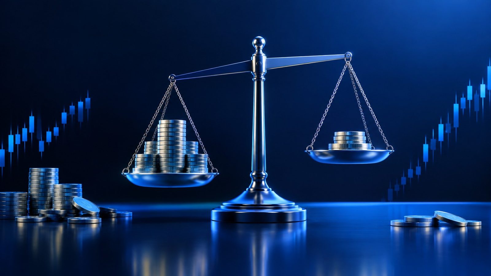 Margin trading: timbangan dan koin dalam ilustrasi vektor datar tentang dana jaminan