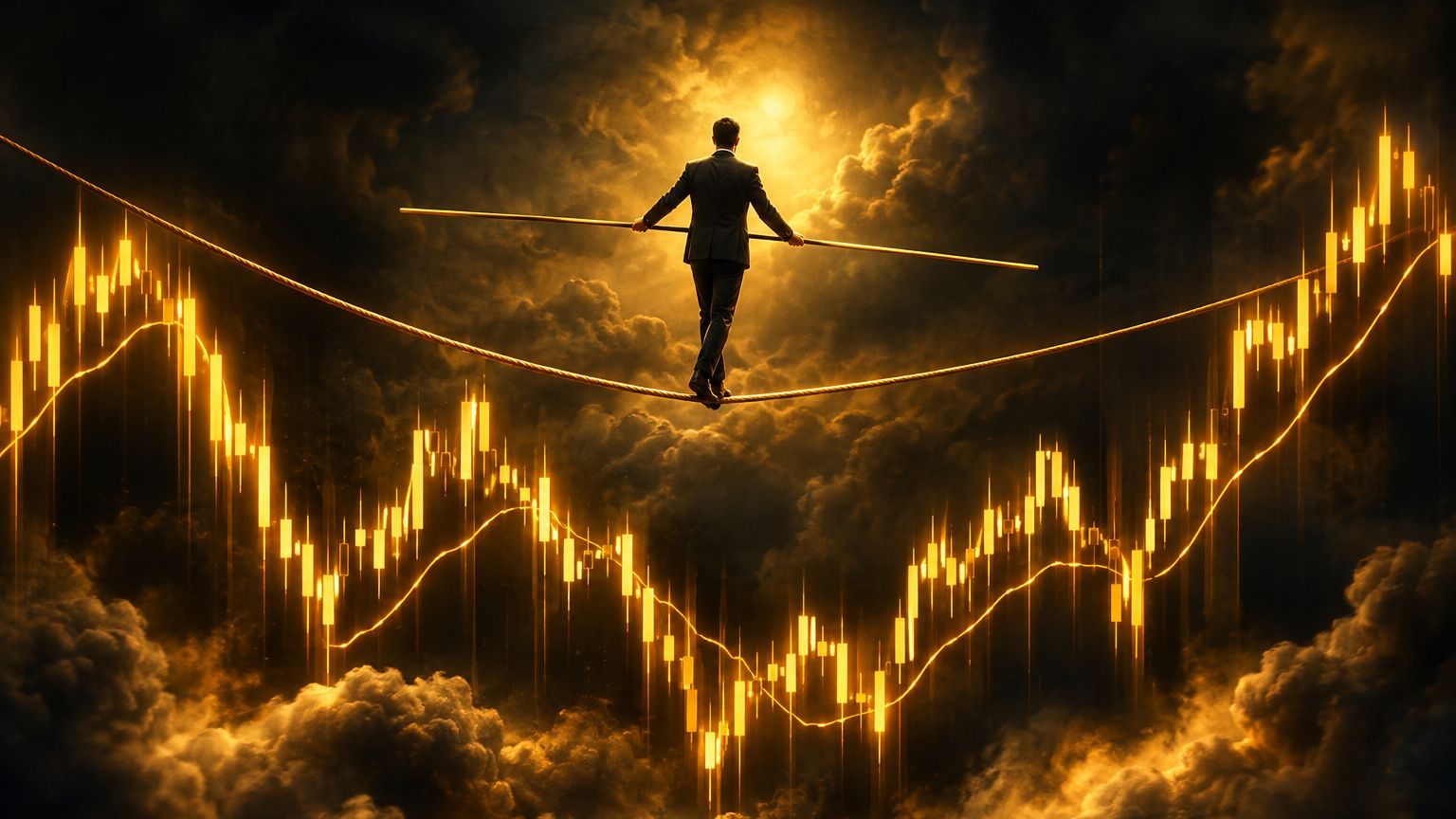 Lukisan digital pejalan tali di atas grafik harga, gambaran risiko saat mendekati margin call