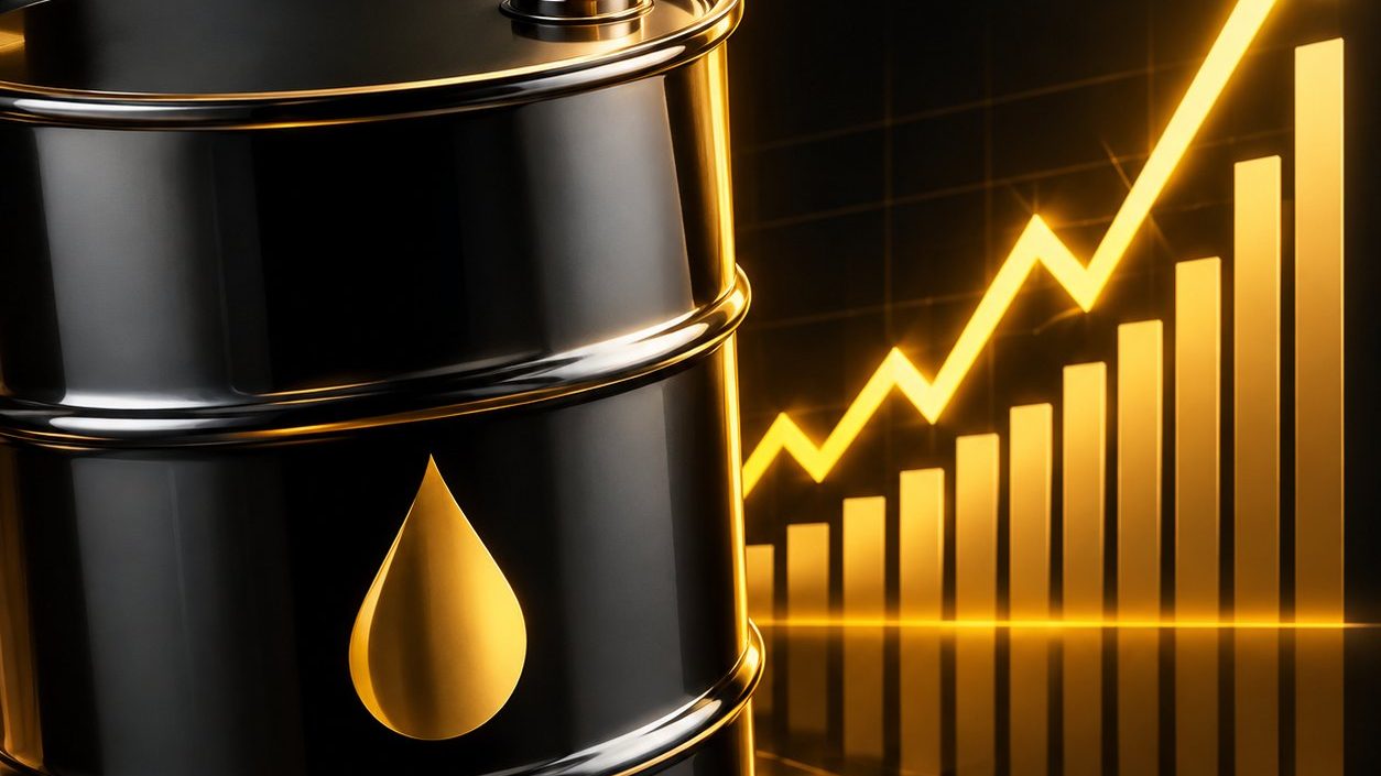Oil trading concept: an oil barrel with a rising price chart behind it