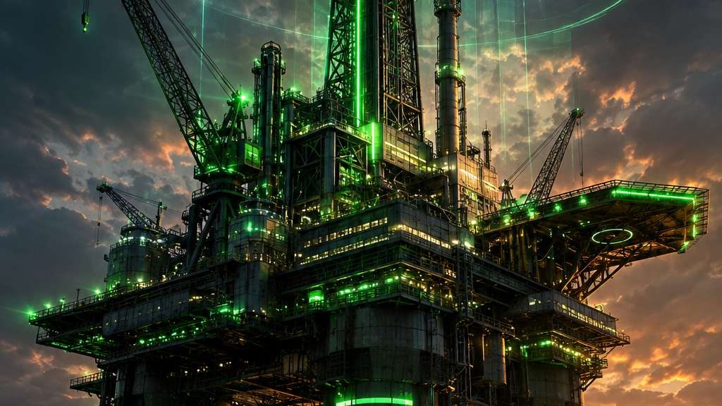 Offshore oil rig at sunset in futuristic digital art, a source of crude supply