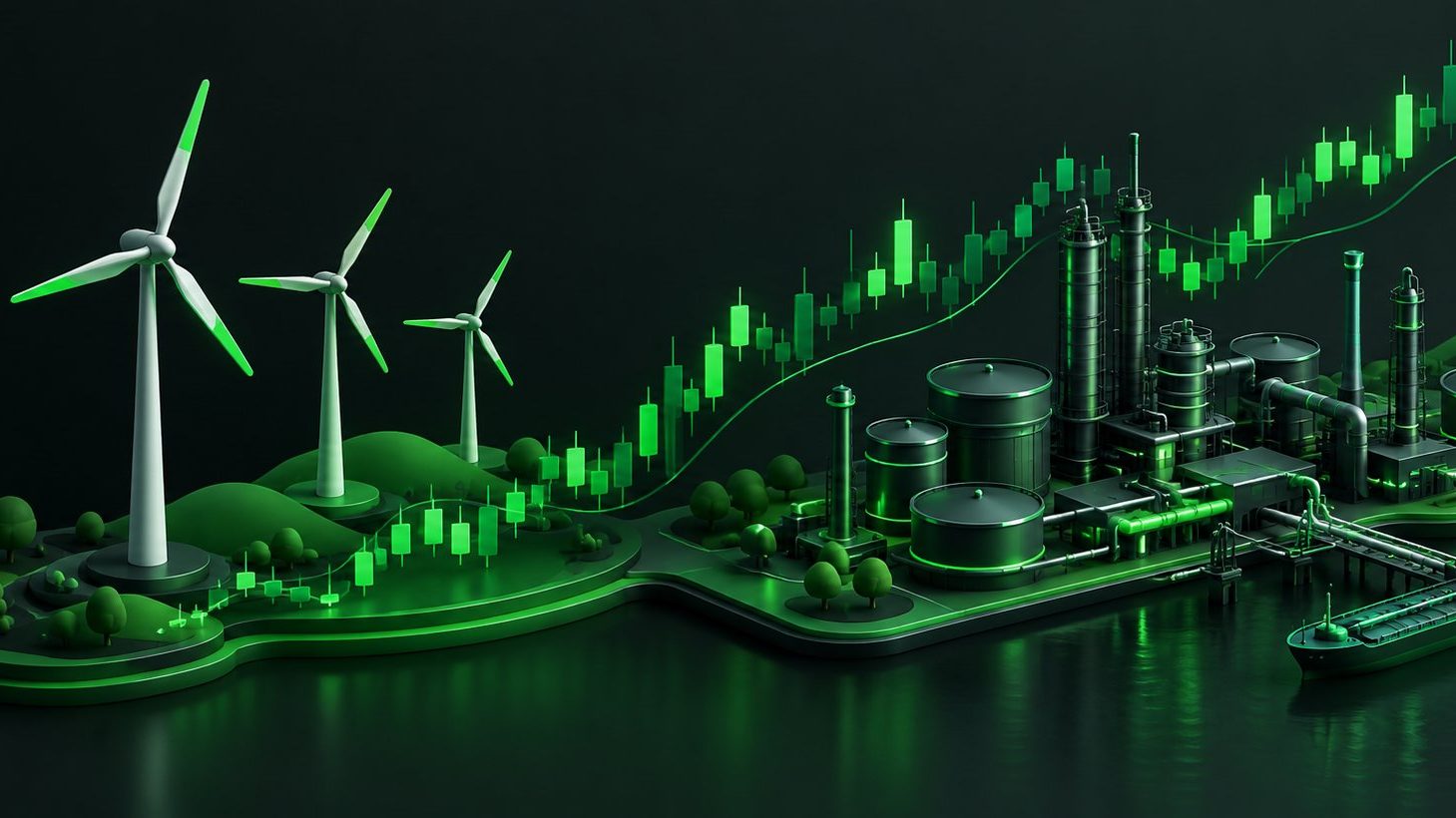 Wind turbines and oil refinery silhouettes merged with a stock chart, isometric illustration