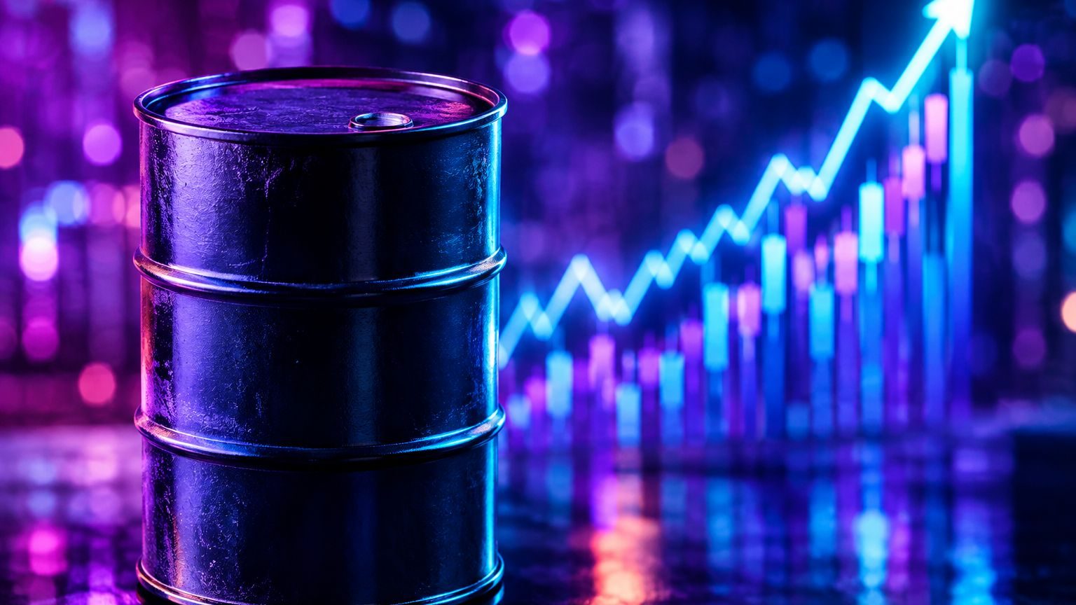 Trading minyak: foto editorial barel minyak dengan grafik harga naik di belakangnya