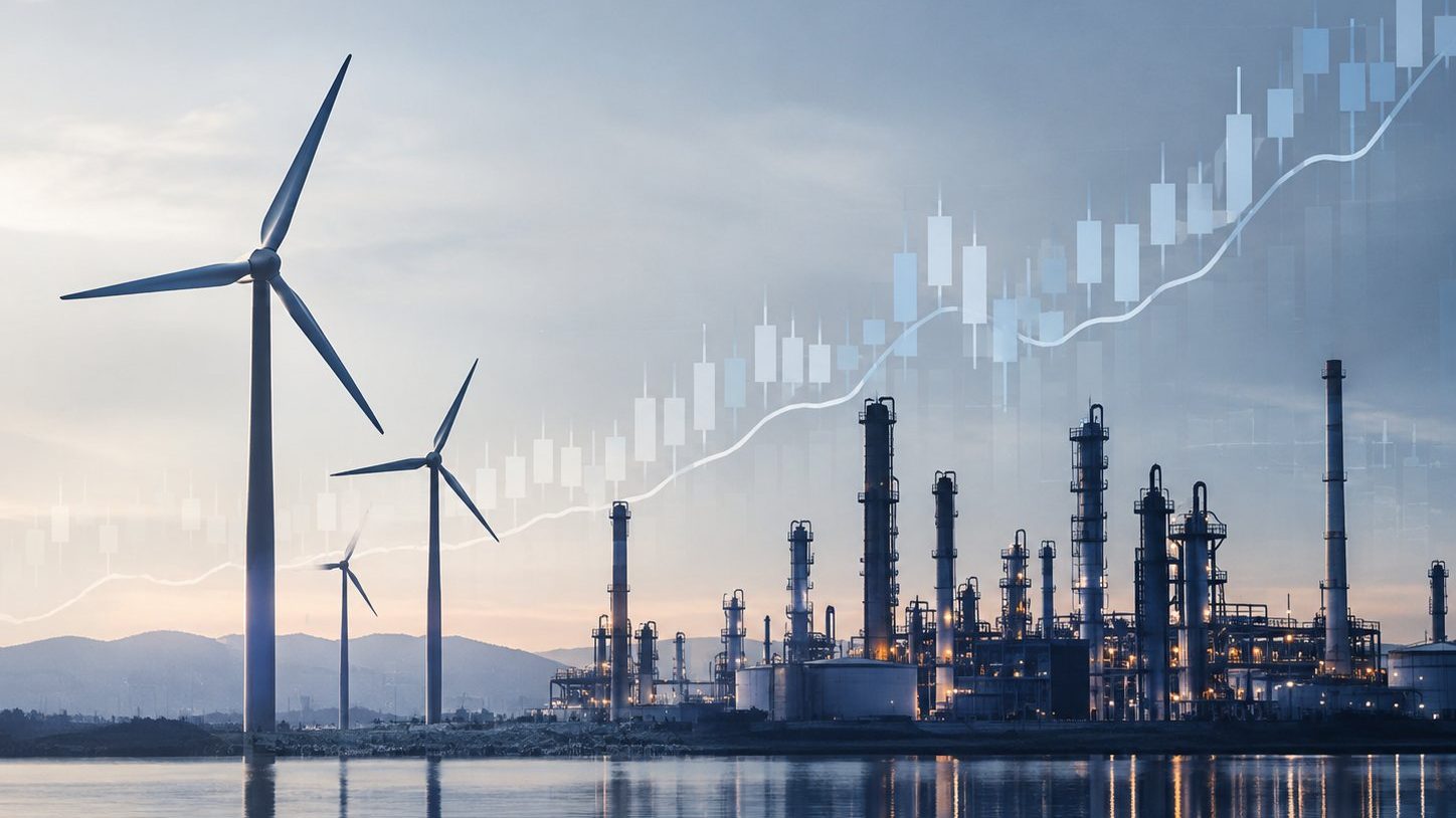 Foto siluet turbin angin dan kilang minyak berpadu grafik saham sektor energi