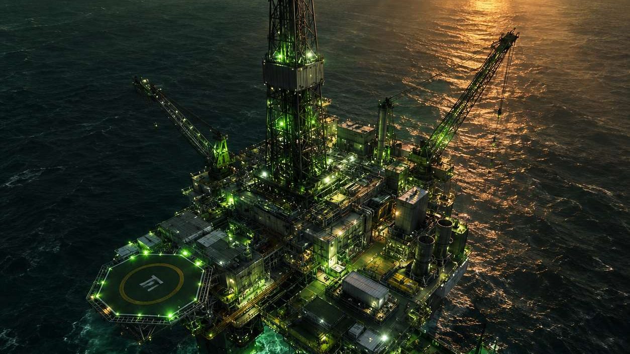 夕陽下海上鑽油平台的電影感3D渲染,呼應原油供給