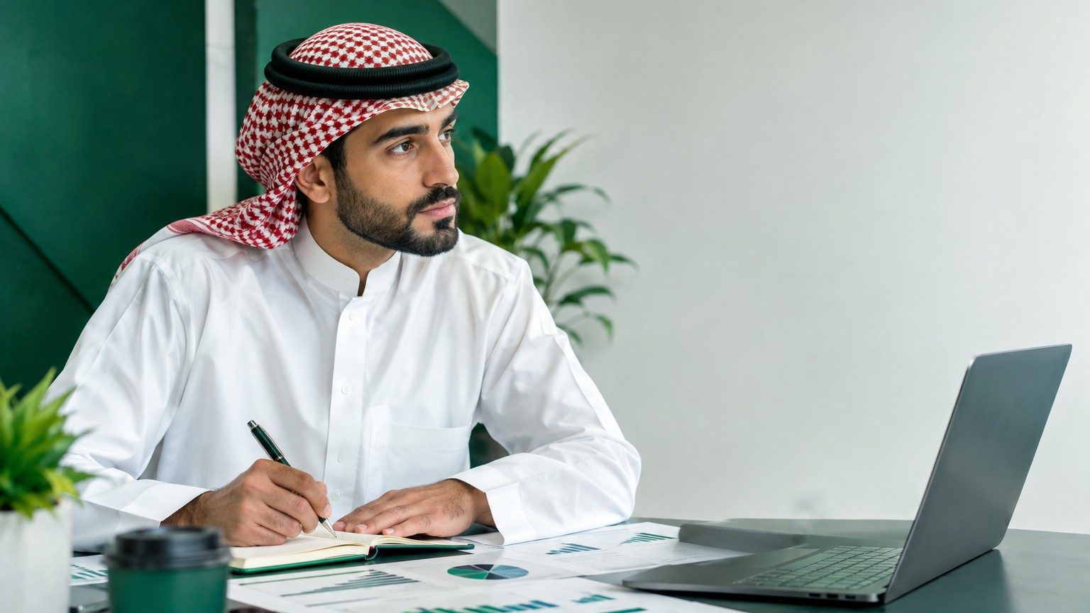 رائد أعمال يدوّن ملاحظات خلال جلسة لتحليل السوق، صورة عفوية