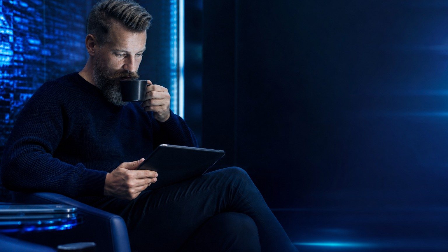 Man drinking coffee while reviewing a portfolio on a tablet, editorial photo