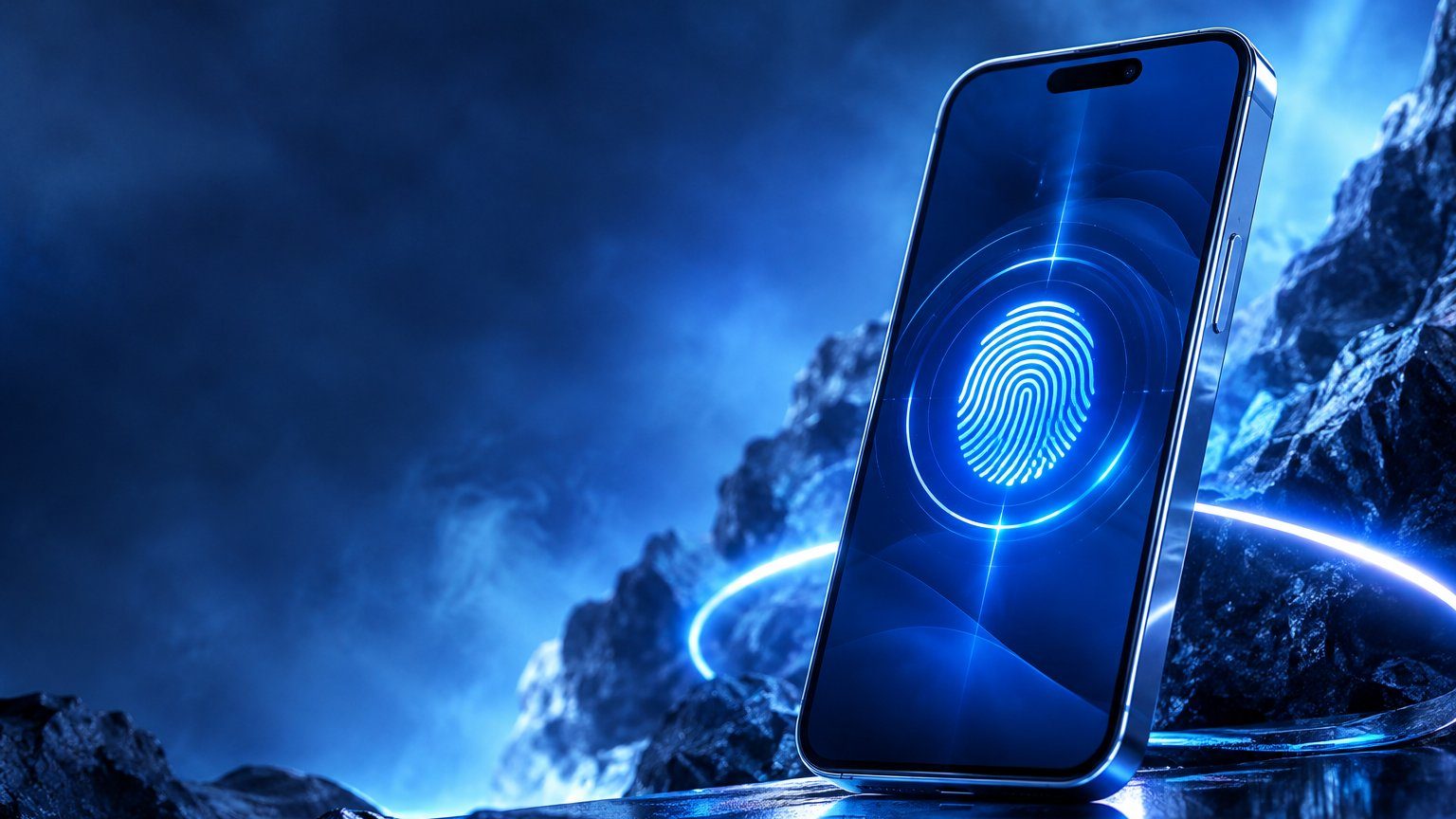 Cara buka akun trading: ponsel dengan login sidik jari di layar, lukisan digital