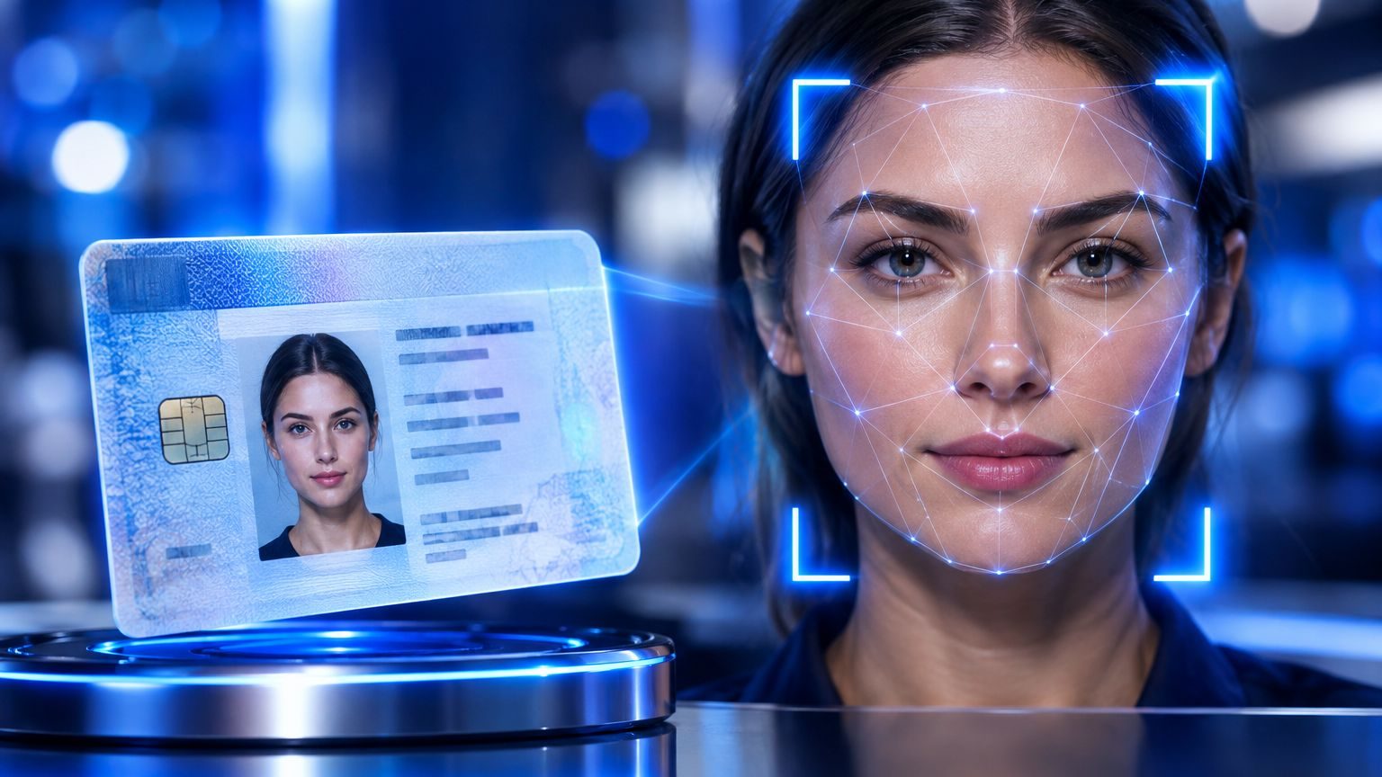 Konsep verifikasi identitas KYC dengan kartu identitas dan pemindaian wajah, render bergaya produk