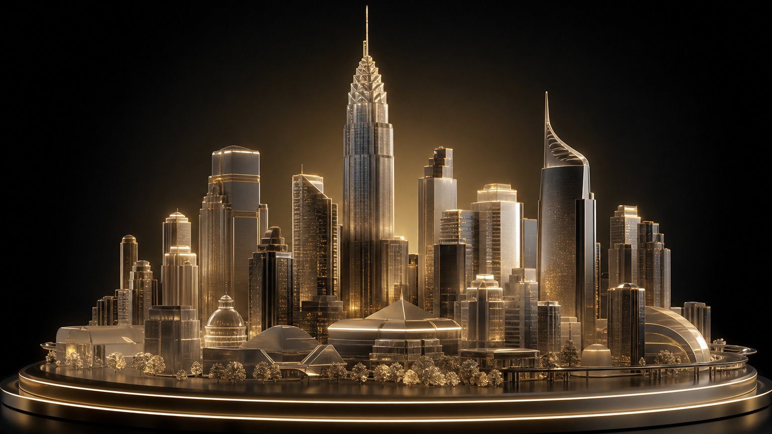 Render 3D kaca cakrawala kota Jakarta dengan deretan gedung tinggi