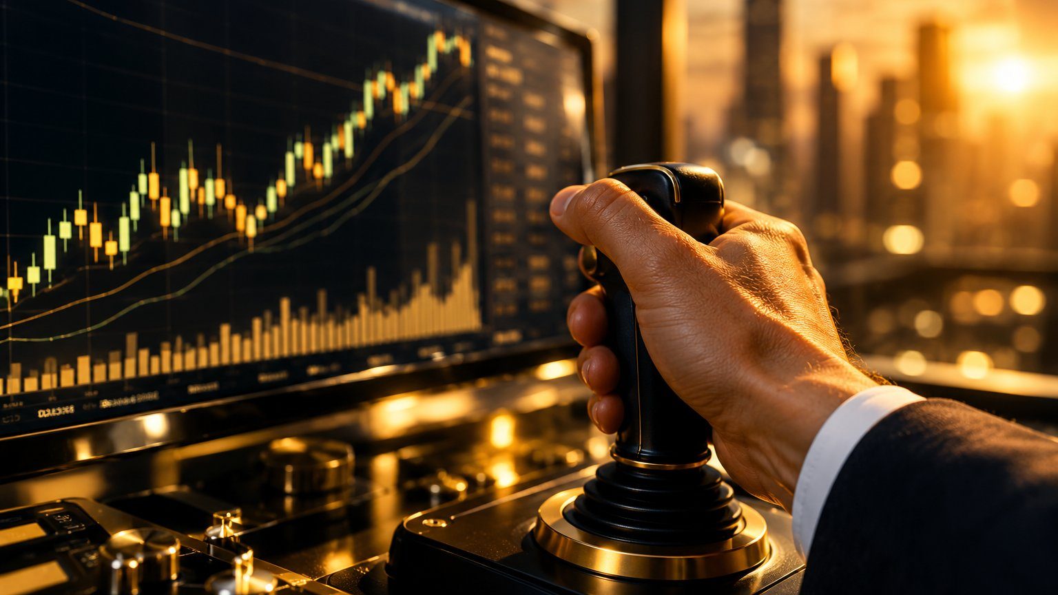 Limit order vs stop order concept: a trader's hand on a joystick controlling a chart