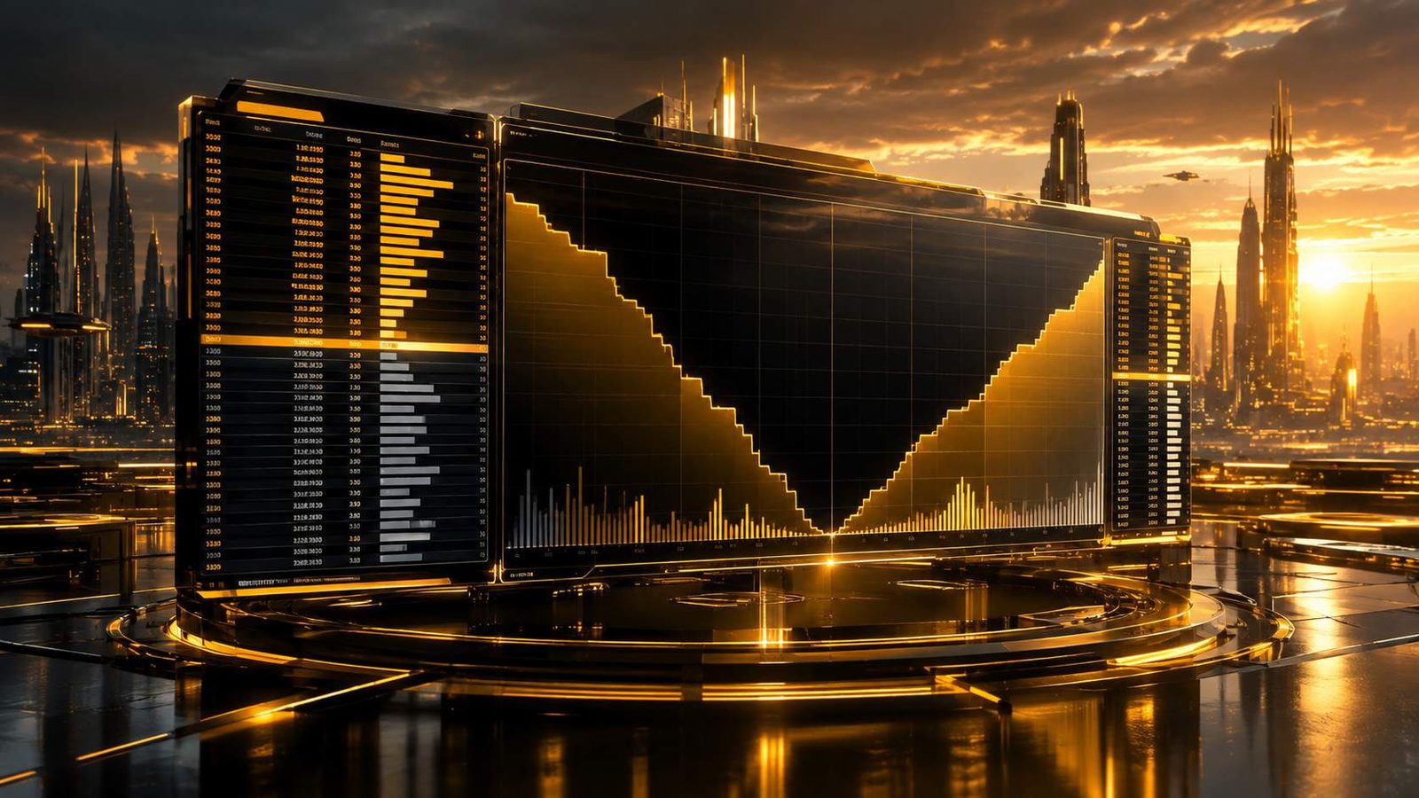 Order book and depth chart visualised in 3D, futuristic digital art