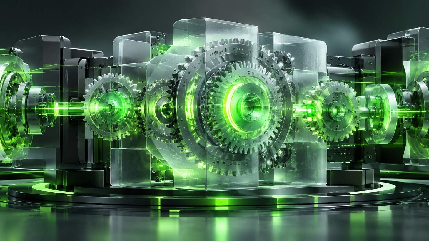 Gears of light representing an order matching engine, glassy 3D render