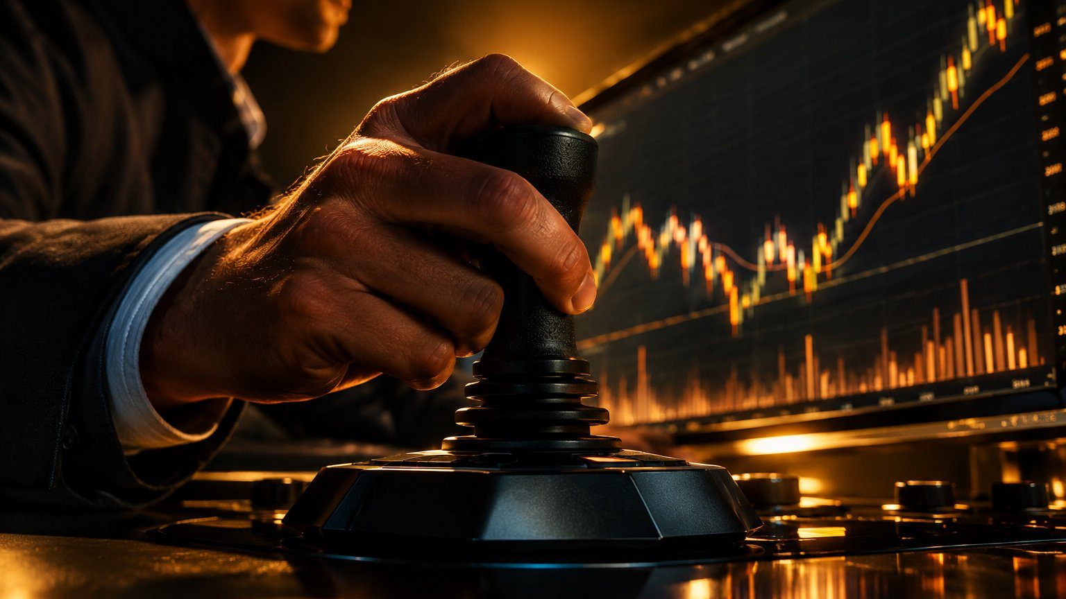 Jenis order dalam praktik: tangan trader memegang joystick yang mengendalikan grafik, foto editorial