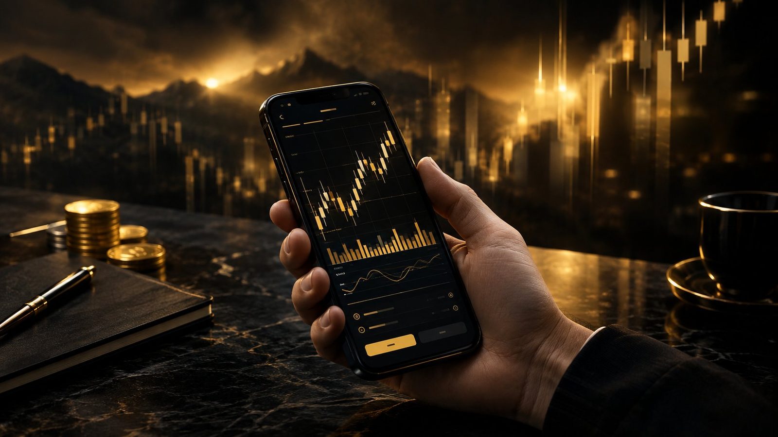 تطبيق تداول على الهاتف: يد تمسك هاتفًا ذكيًا يعرض رسمًا بيانيًا للشموع، لوحة رقمية