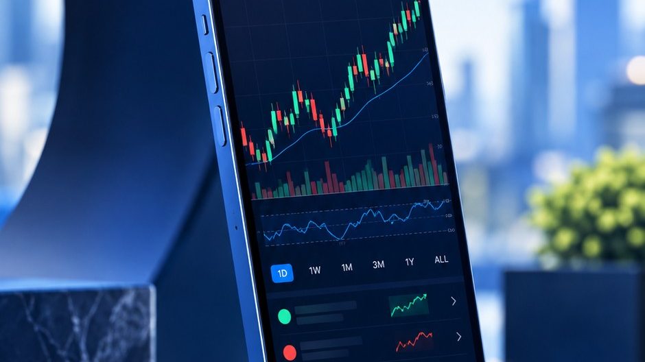 هاتف ذكي يطفو فوق منصة ثلاثية الأبعاد بسيطة ويعرض رسوم الأسعار، مشهد سينمائي
