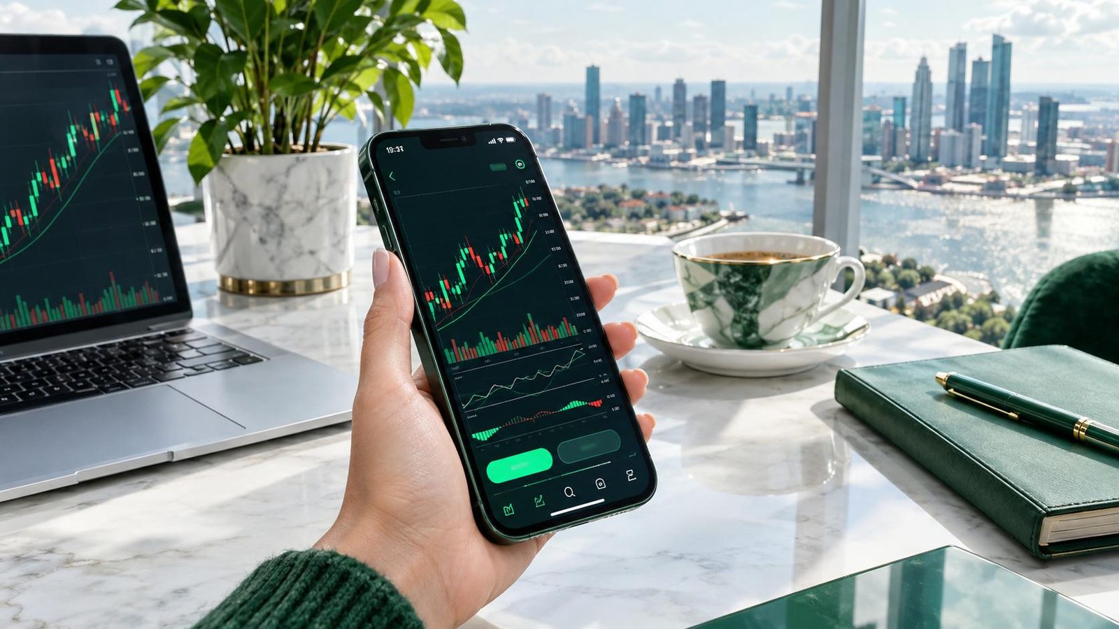 QTFX Markets app on a smartphone in hand, showing a candlestick chart