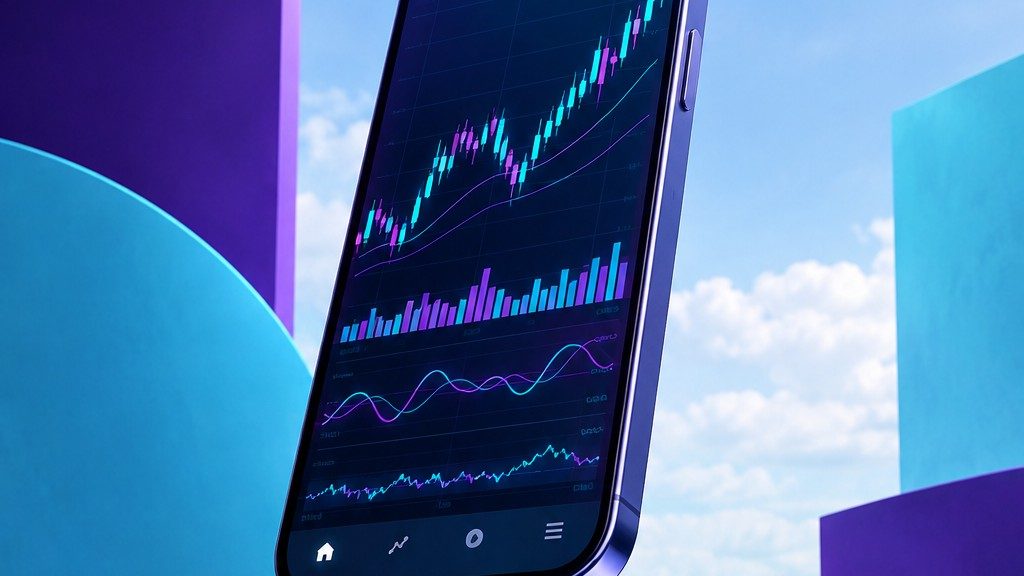 Floating smartphone with trading charts on a minimalist 3D stage, cinematic render